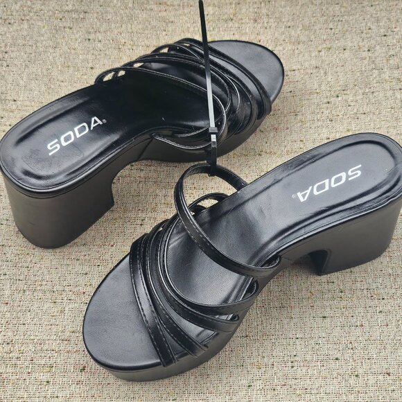 SODA Women Strappy Wedge Heel Sandal Black Vegan Faux Leather Shoes Size 6M - Picture 2 of 13